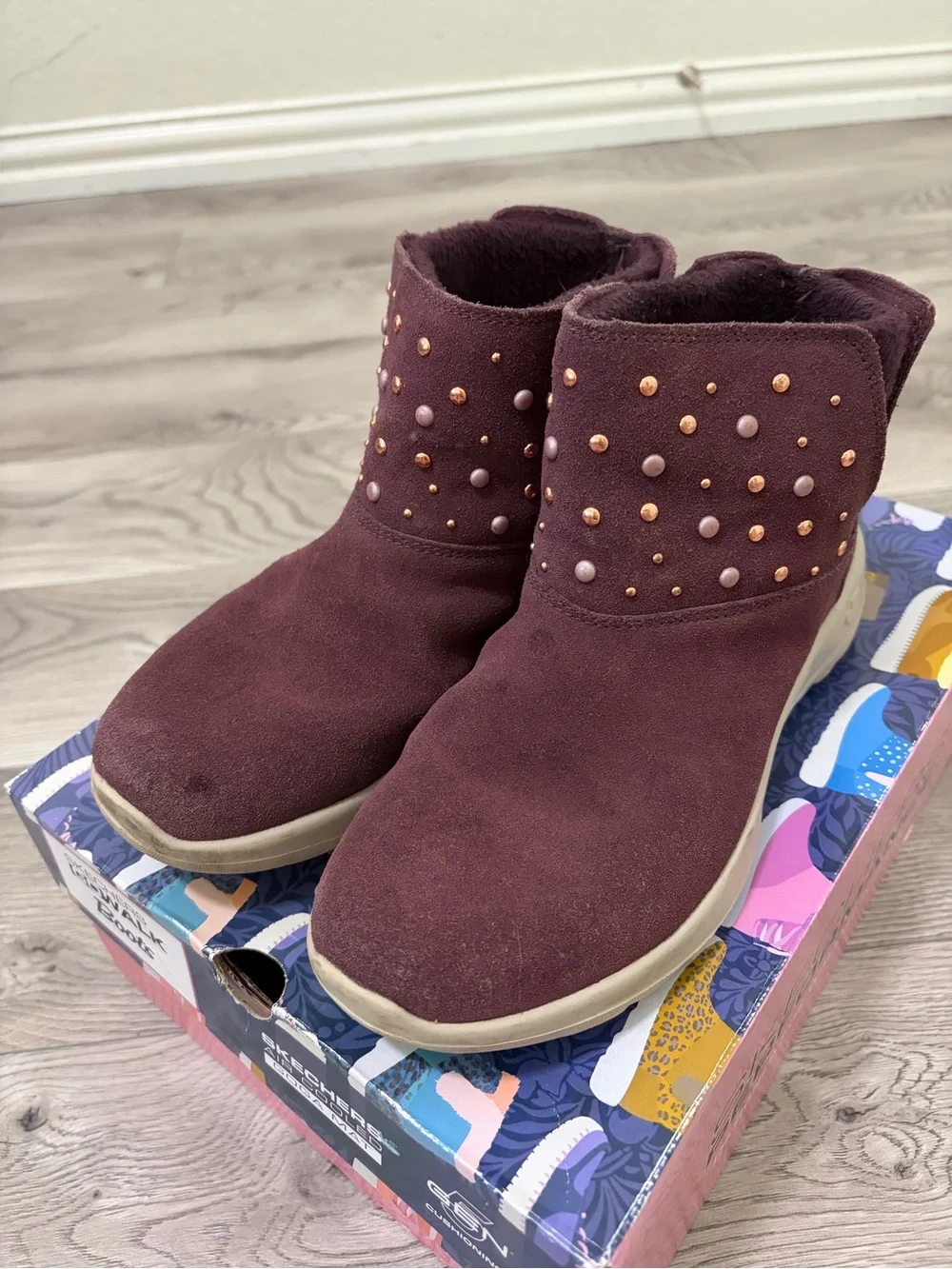 Skechers Suede-Look Studded Slip-On Ankle Boots